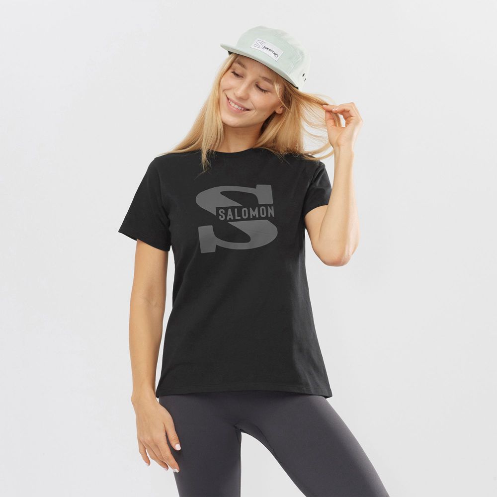 Salomon Singapore Womens T-shirts - OUTLIFE BIG LOGO Black | 74382-NECI